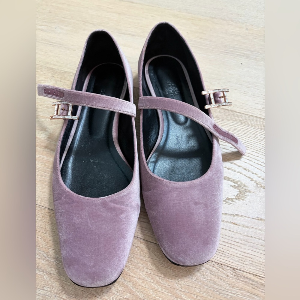Hermes Mauve Velvet Mary Jane Flats with Gold Buckle